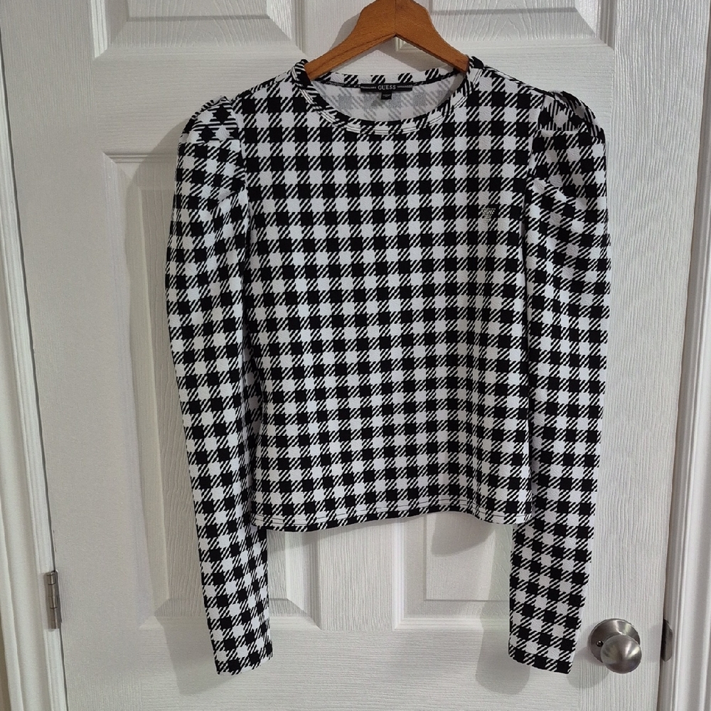 GUESS Shirt, long sleeve, cropped, Semi fitted,  houndstooth, Black & White, Med